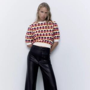 Zara Colorful Puff Sleeve Short Sleeve Sweater Top - Size Small